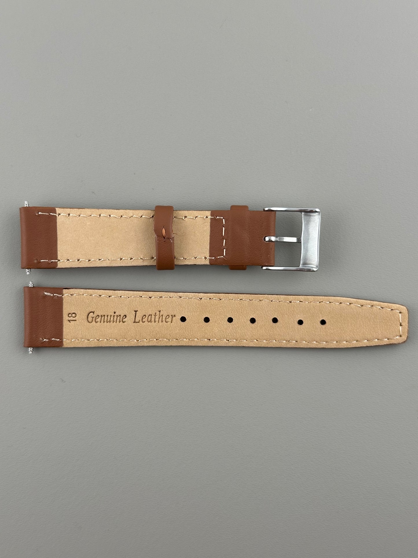 18mm Tan Leather Watch Strap - Smooth Classic Stitched Semi Shine