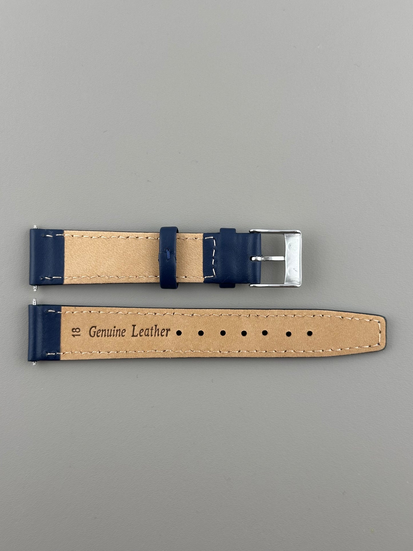 18mm Navy Blue Leather Watch Strap - Smooth Classic Stitched Semi Shine