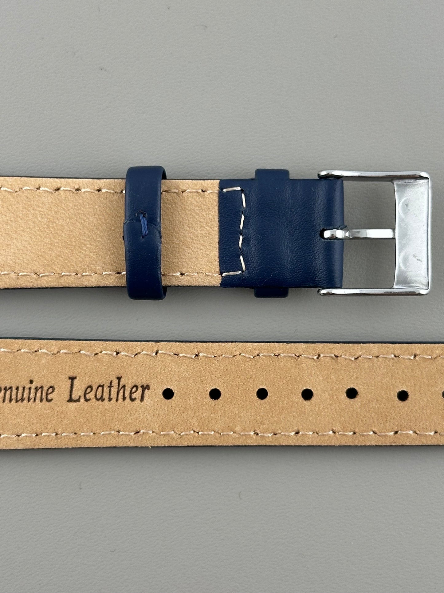 18mm Navy Blue Leather Watch Strap - Smooth Classic Stitched Semi Shine