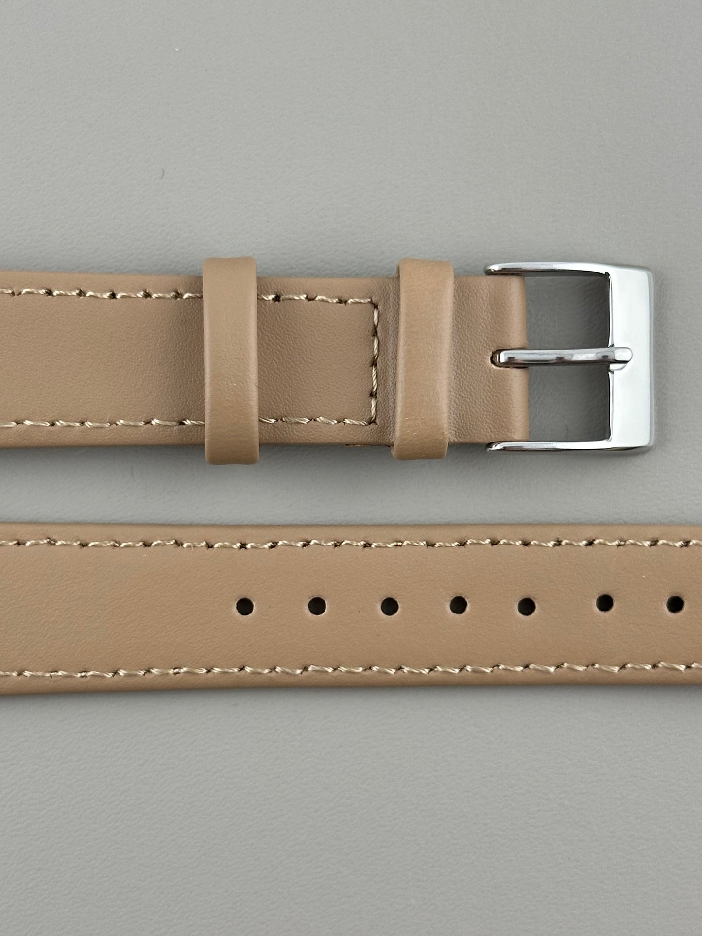18mm Beige Leather Watch Strap - Smooth Classic Stitched Semi Shine