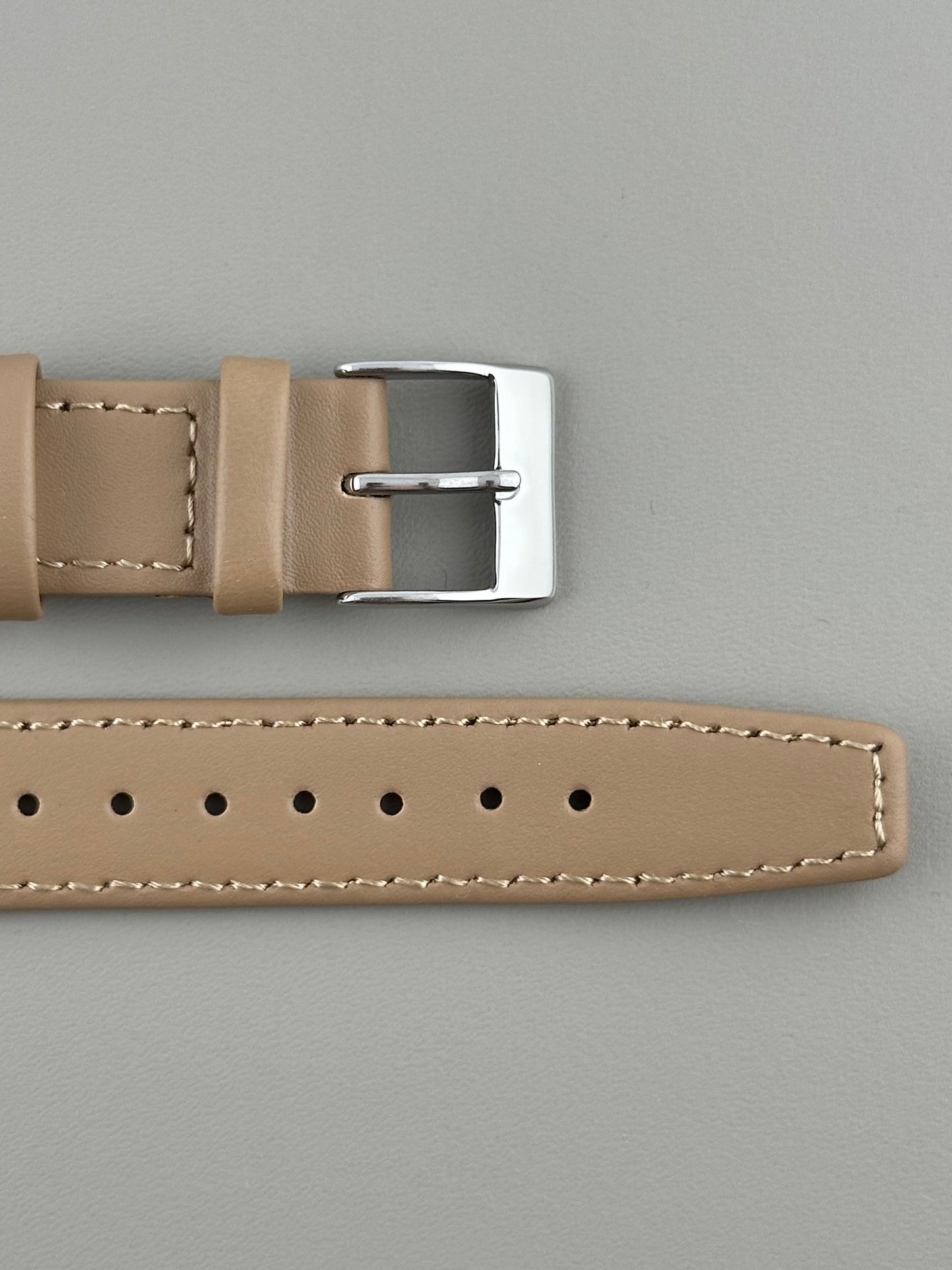 18mm Beige Leather Watch Strap - Smooth Classic Stitched Semi Shine