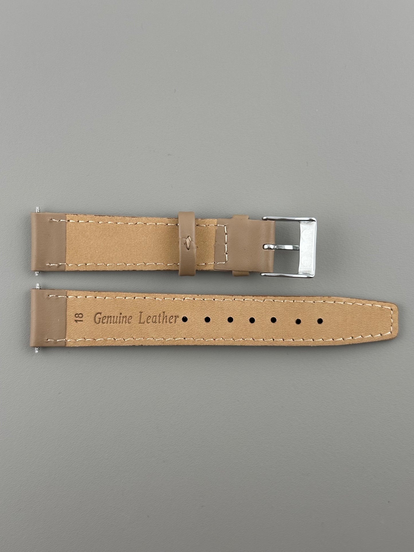 18mm Beige Leather Watch Strap - Smooth Classic Stitched Semi Shine