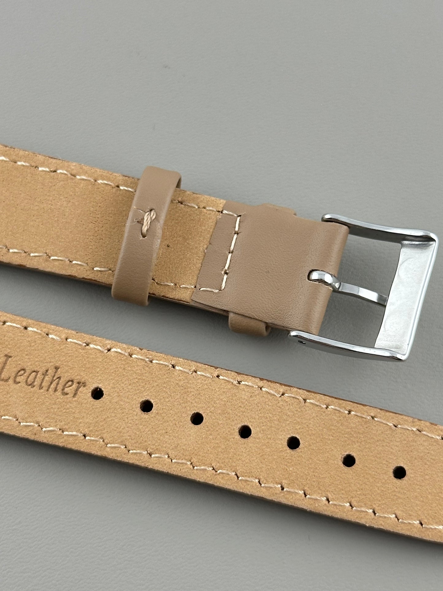 18mm Beige Leather Watch Strap - Smooth Classic Stitched Semi Shine