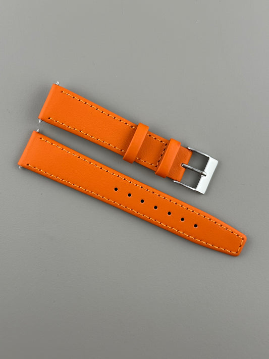 18mm Orange Leather Watch Strap - Smooth Classic Stitched Semi Shine