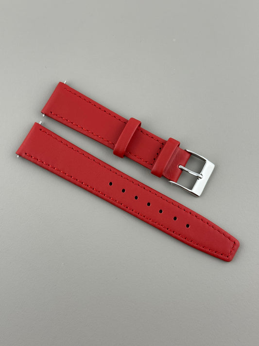18mm Red Leather Watch Strap - Smooth Classic Stitched Semi Shine