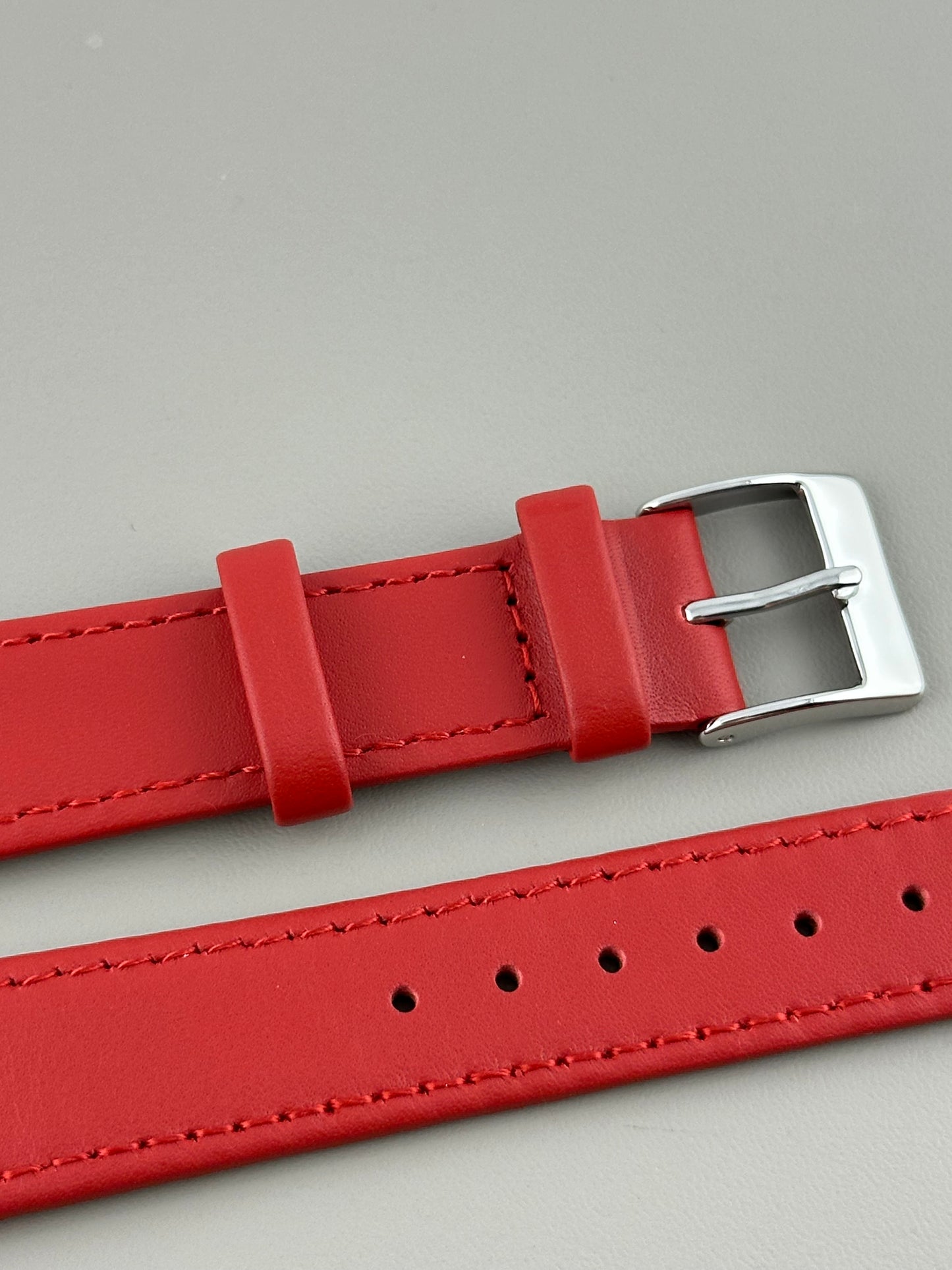 18mm Red Leather Watch Strap - Smooth Classic Stitched Semi Shine