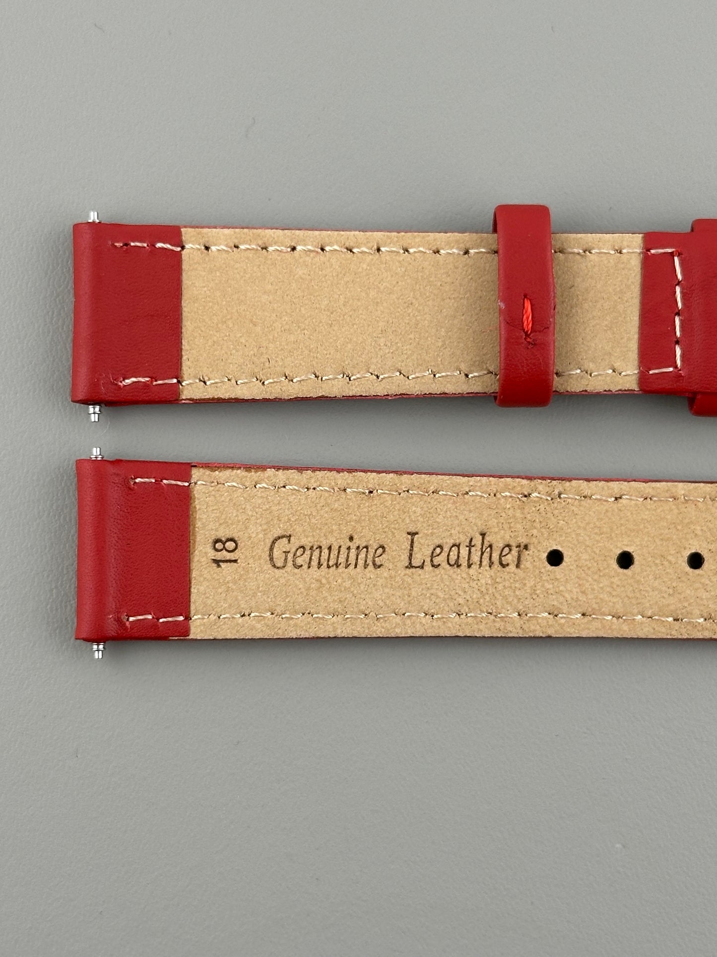 18mm Red Leather Watch Strap - Smooth Classic Stitched Semi Shine