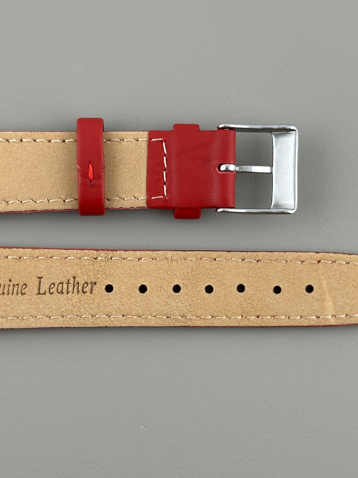 18mm Red Leather Watch Strap - Smooth Classic Stitched Semi Shine