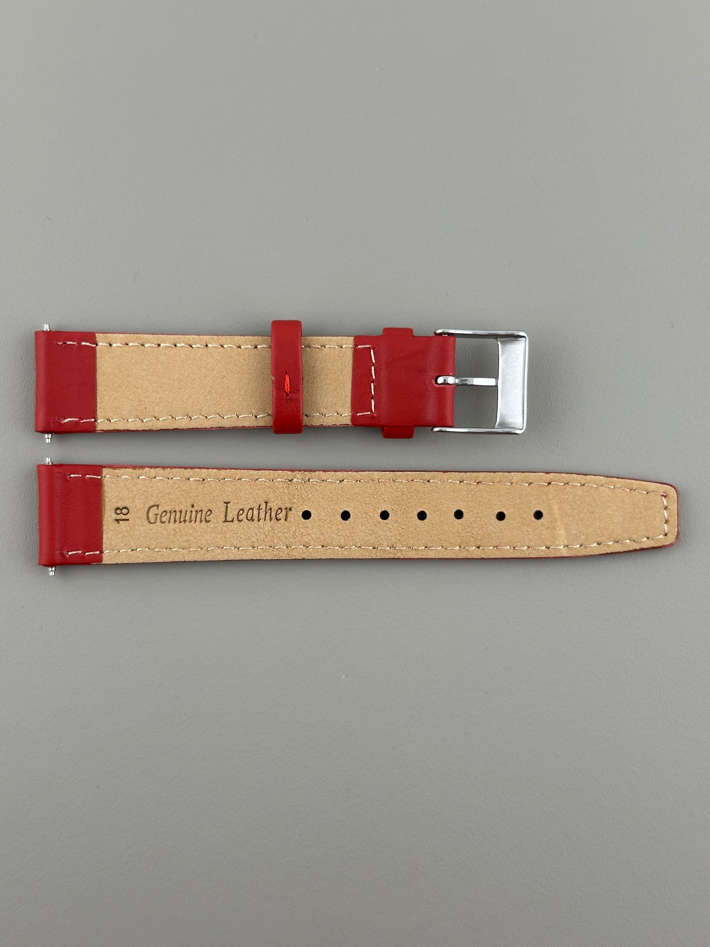 18mm Red Leather Watch Strap - Smooth Classic Stitched Semi Shine