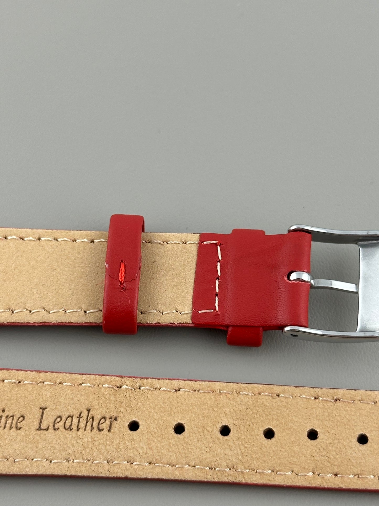 18mm Red Leather Watch Strap - Smooth Classic Stitched Semi Shine