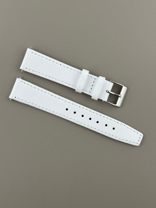 18mm White Leather Watch Strap - Smooth Classic Stitched Semi Shine