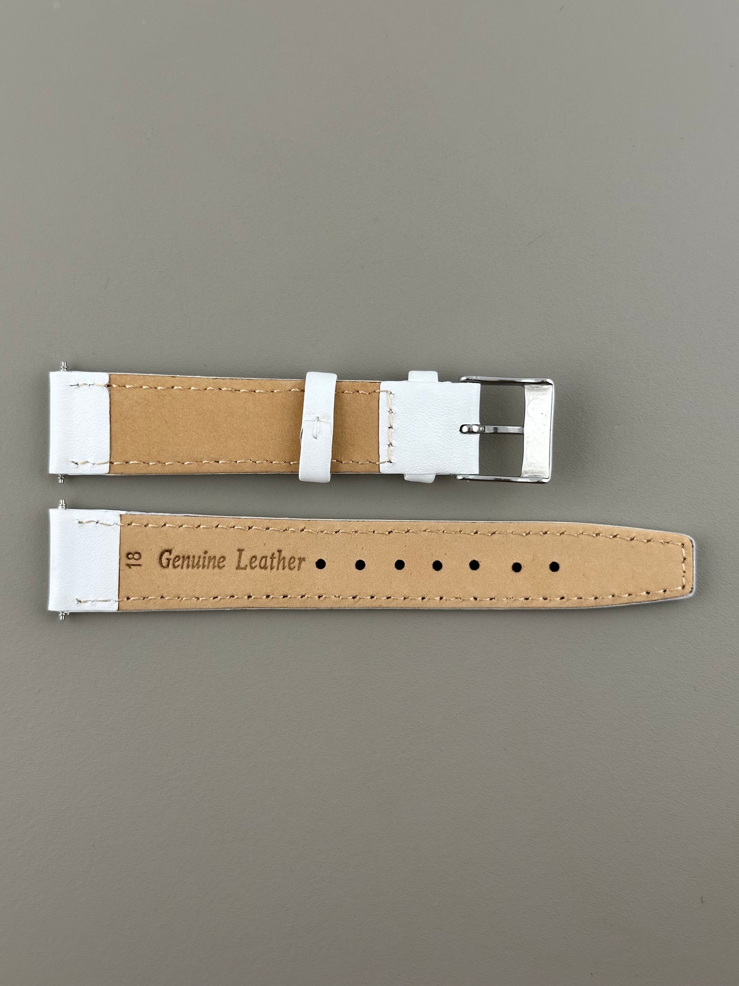 18mm White Leather Watch Strap - Smooth Classic Stitched Semi Shine