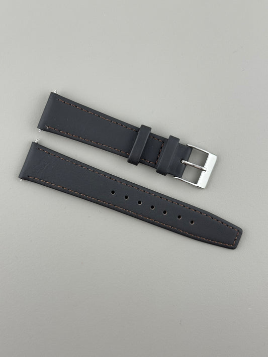 18mm Charcoal Leather Watch Strap - Smooth Classic Stitched Semi Shine