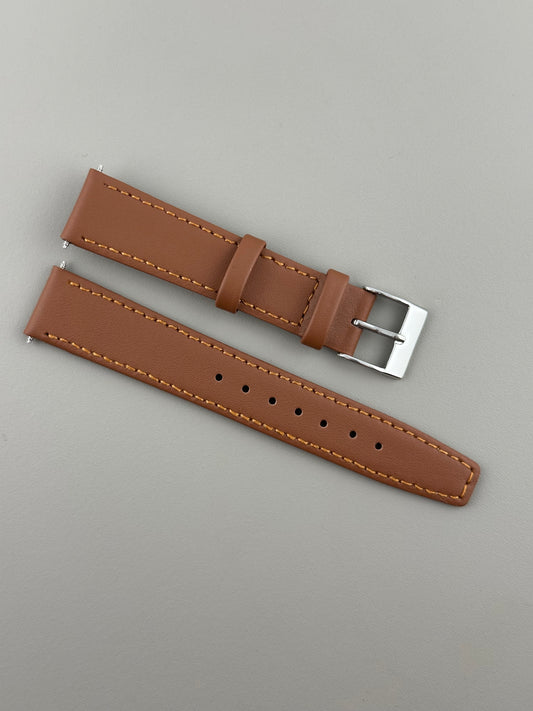 18mm Tan Leather Watch Strap - Smooth Classic Stitched Semi Shine