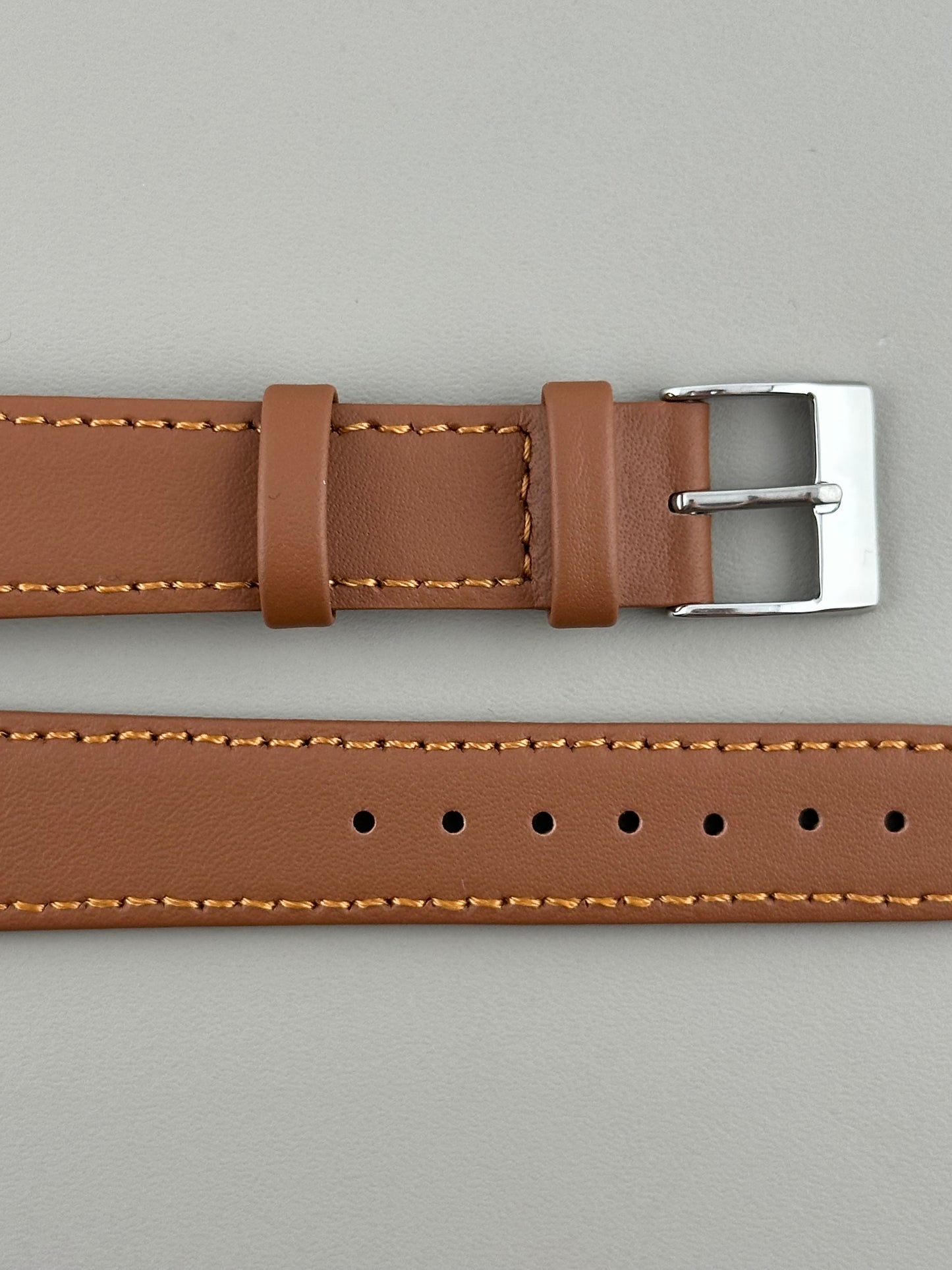 18mm Tan Leather Watch Strap - Smooth Classic Stitched Semi Shine