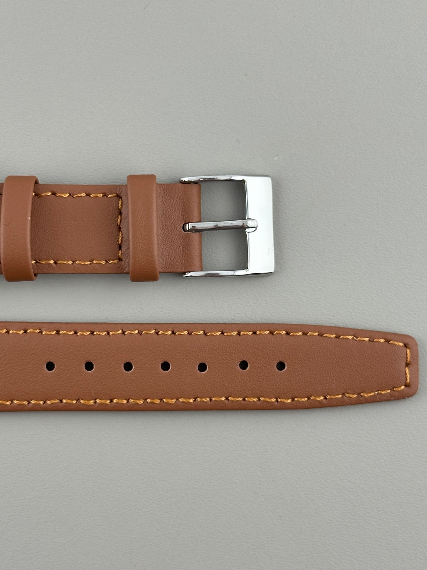 18mm Tan Leather Watch Strap - Smooth Classic Stitched Semi Shine