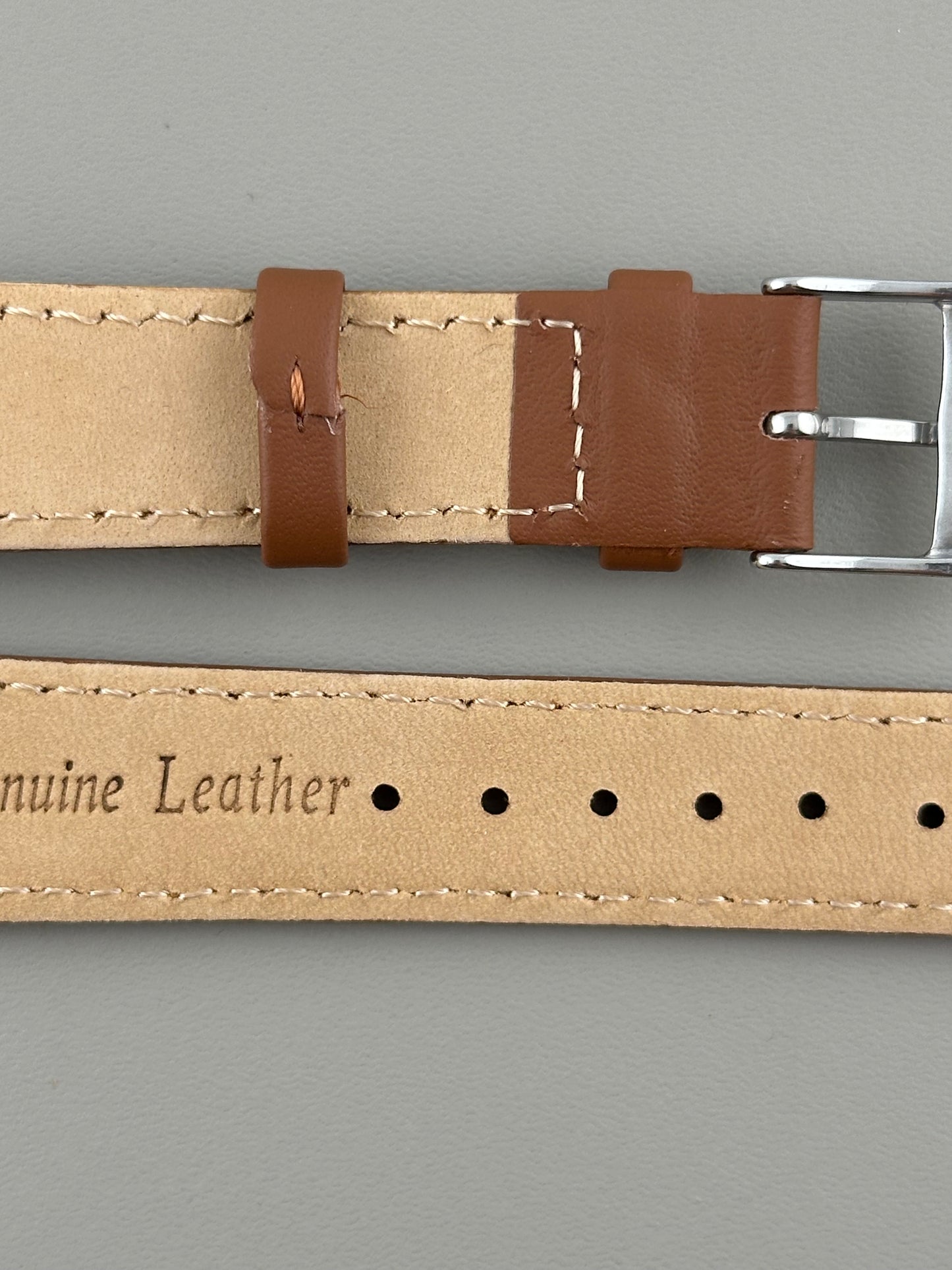 18mm Tan Leather Watch Strap - Smooth Classic Stitched Semi Shine